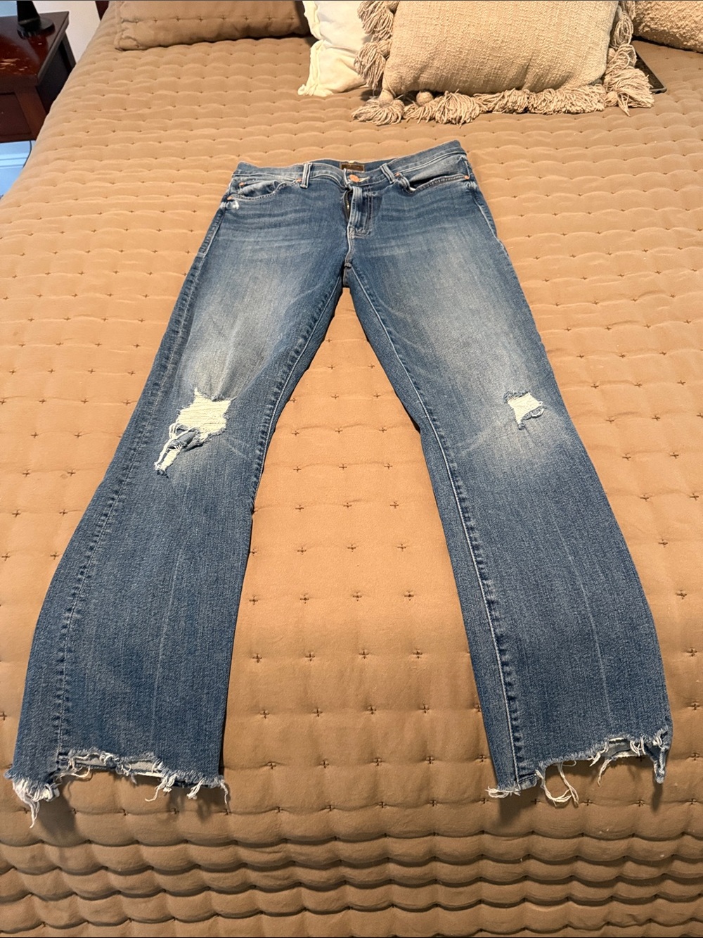 MOTHER Blue Distressed Straight-Leg Jeans